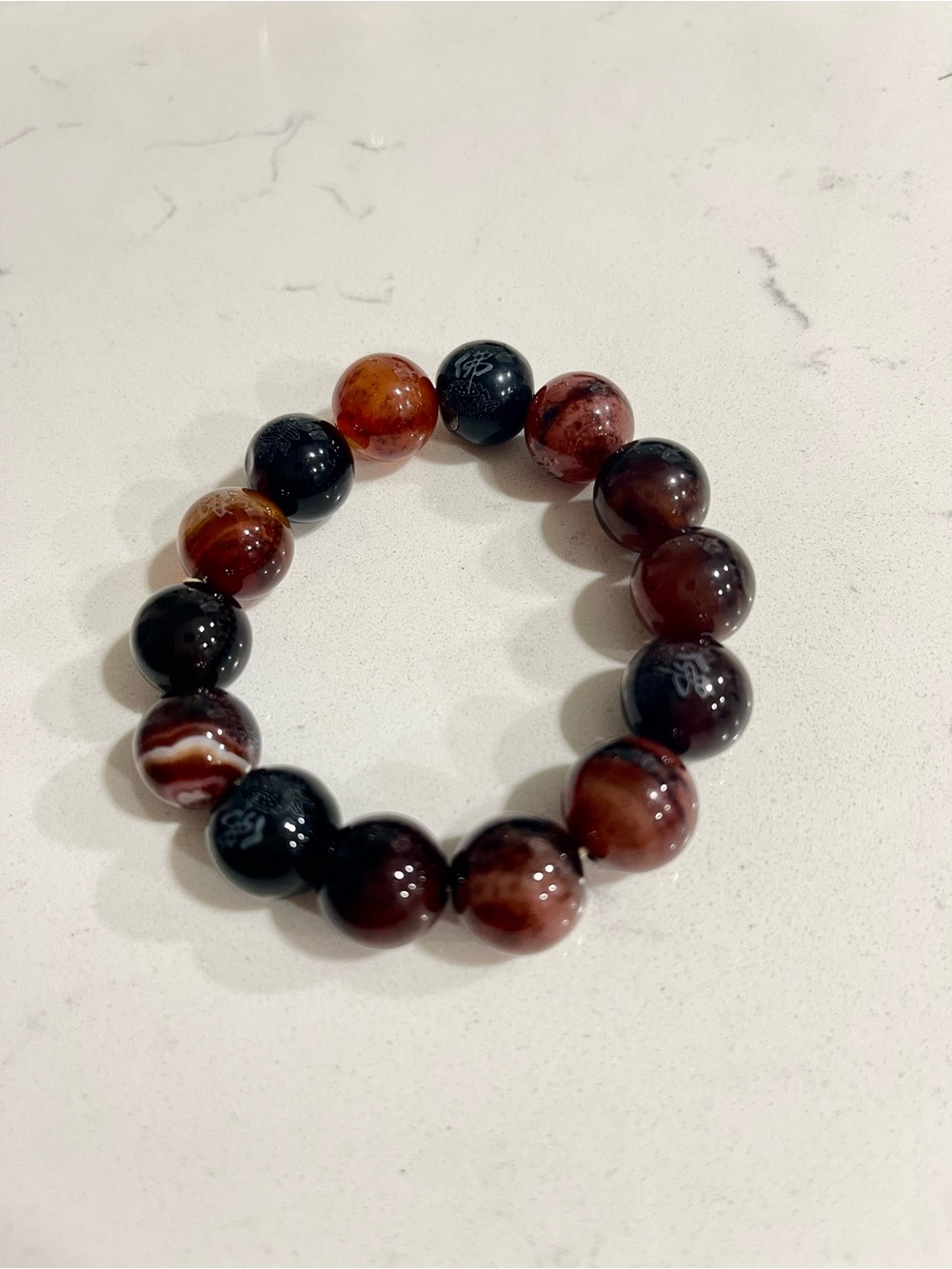 Polished Agate Bead Stretch Bracelet – Black Brown Amber